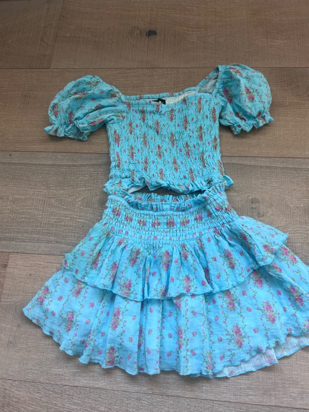 KatieJ Aqua Floral Smocked Two-Piece Set